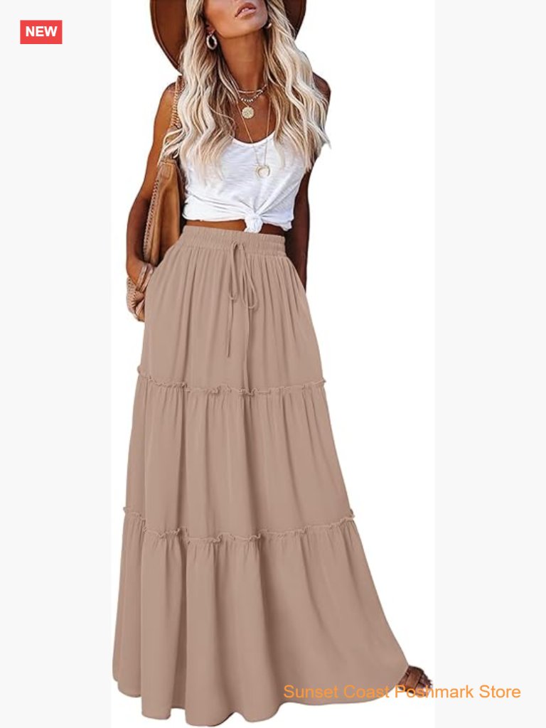 High Waist Maxi Skirt With Pockets Boho Western Tiered Flowy Ruffle
